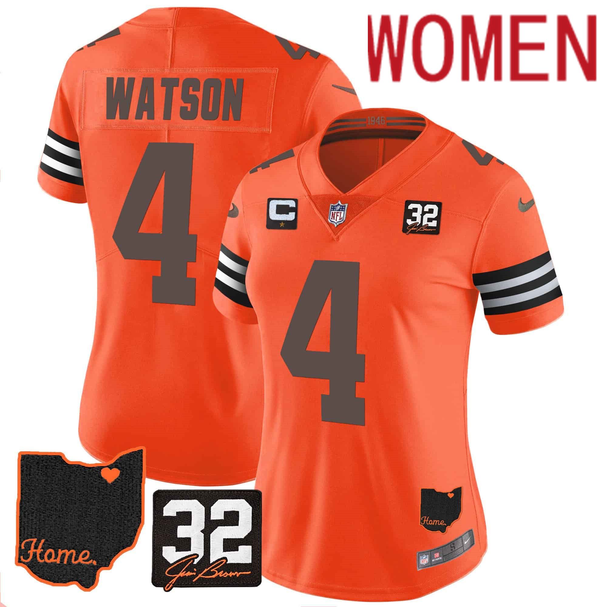 Women Cleveland Browns #4 Watson Orange Memorial Home Patch 2024 Nike NFL Jersey